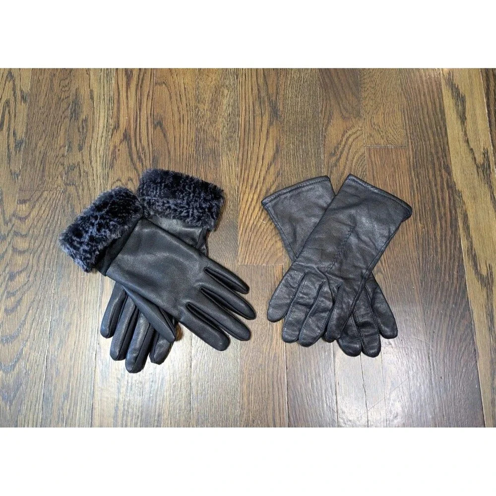 Women's Gloves Lot Of 2 Leather & Faux Leather Size Large Black EUC Warm Fur